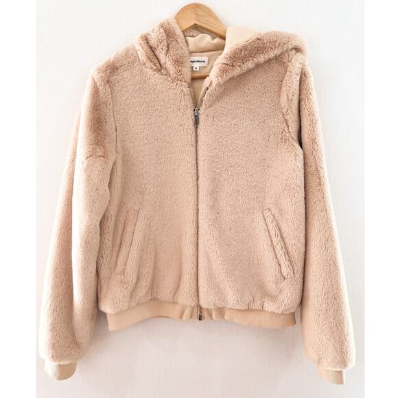 Revolve Superdown Marissa Faux Fur Hooded Jacket Medium Oatmeal - Picture 2 of 9